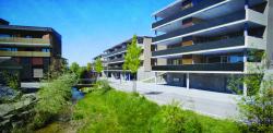 Die PEB-MFH-Überbauung Zentrum Tobel an der Käsereistrasse besteht aus drei MFH mit 32 Minergie-P-Wohnungen mit eleganten PV-Balkonen (Okt. 2018 vor Fertigstellung).